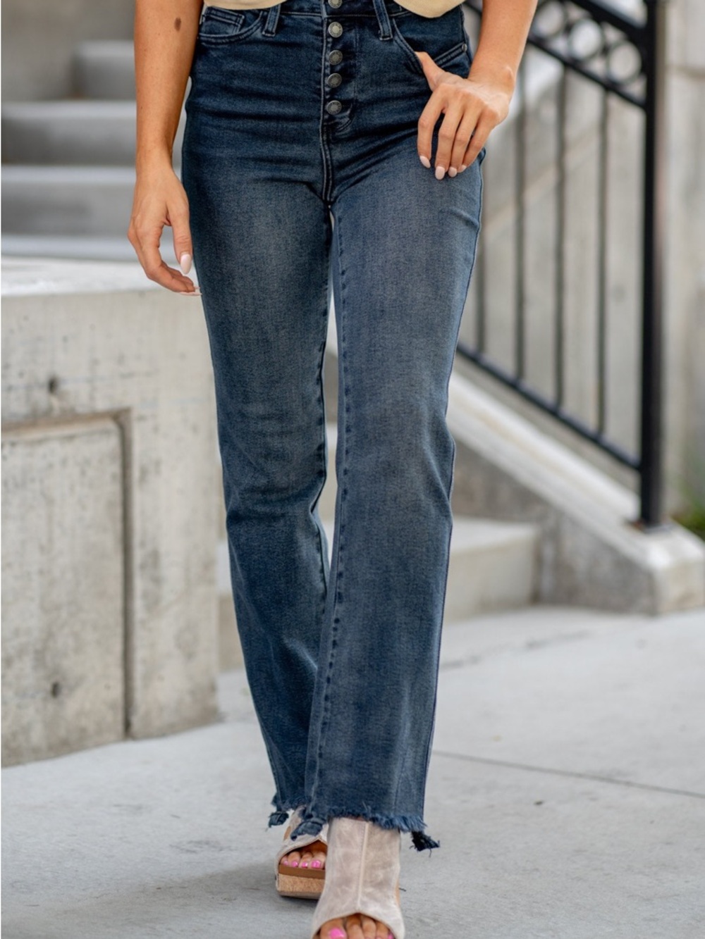 Judy Blue 4-way Stretch High Rise Button Fly Destroy Hem Straight Jeans - Picture 5 of 16